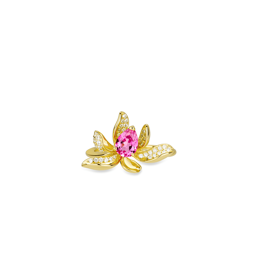 #10092 金色ダイヤ満載花びらハート形豪華に取り付けたユニバーサルリング（925銀）