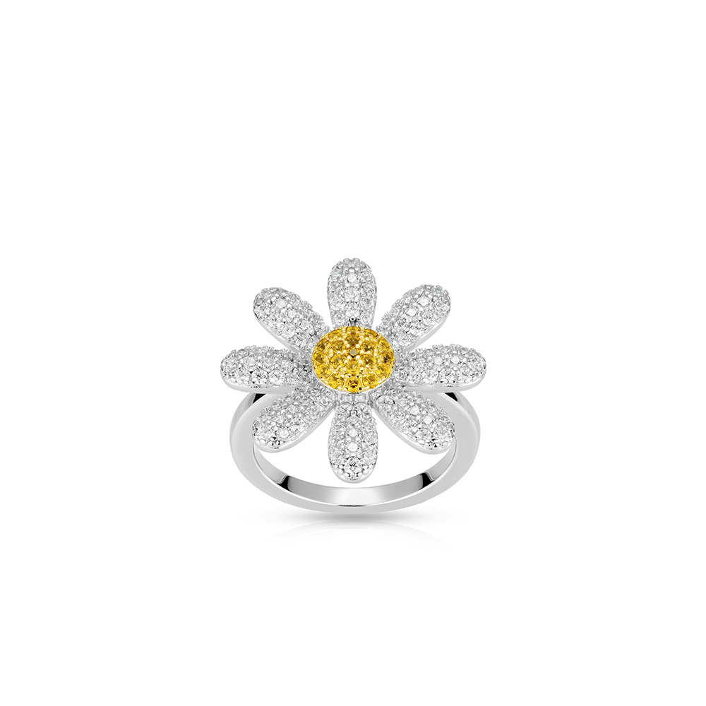 #10732イエロー＆ホワイト フルダイヤ サンフラワー 豪華セッティング マルチスタイル リング（シルバー925）