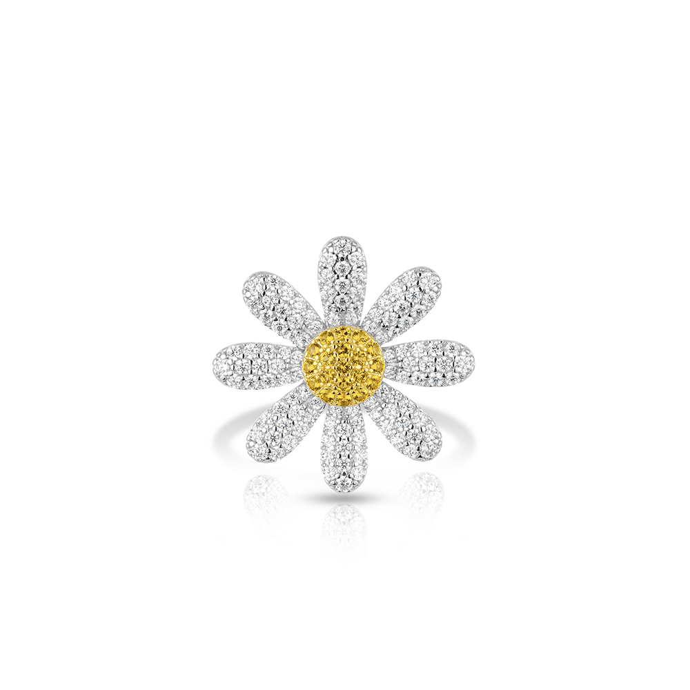 #10732イエロー＆ホワイト フルダイヤ サンフラワー 豪華セッティング マルチスタイル リング（シルバー925）