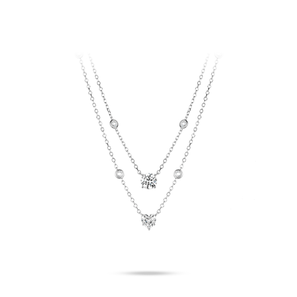 #21134 ホワイトラウンドカットダイヤハート型ダブルレイヤー万能ネックレス（925 銀）