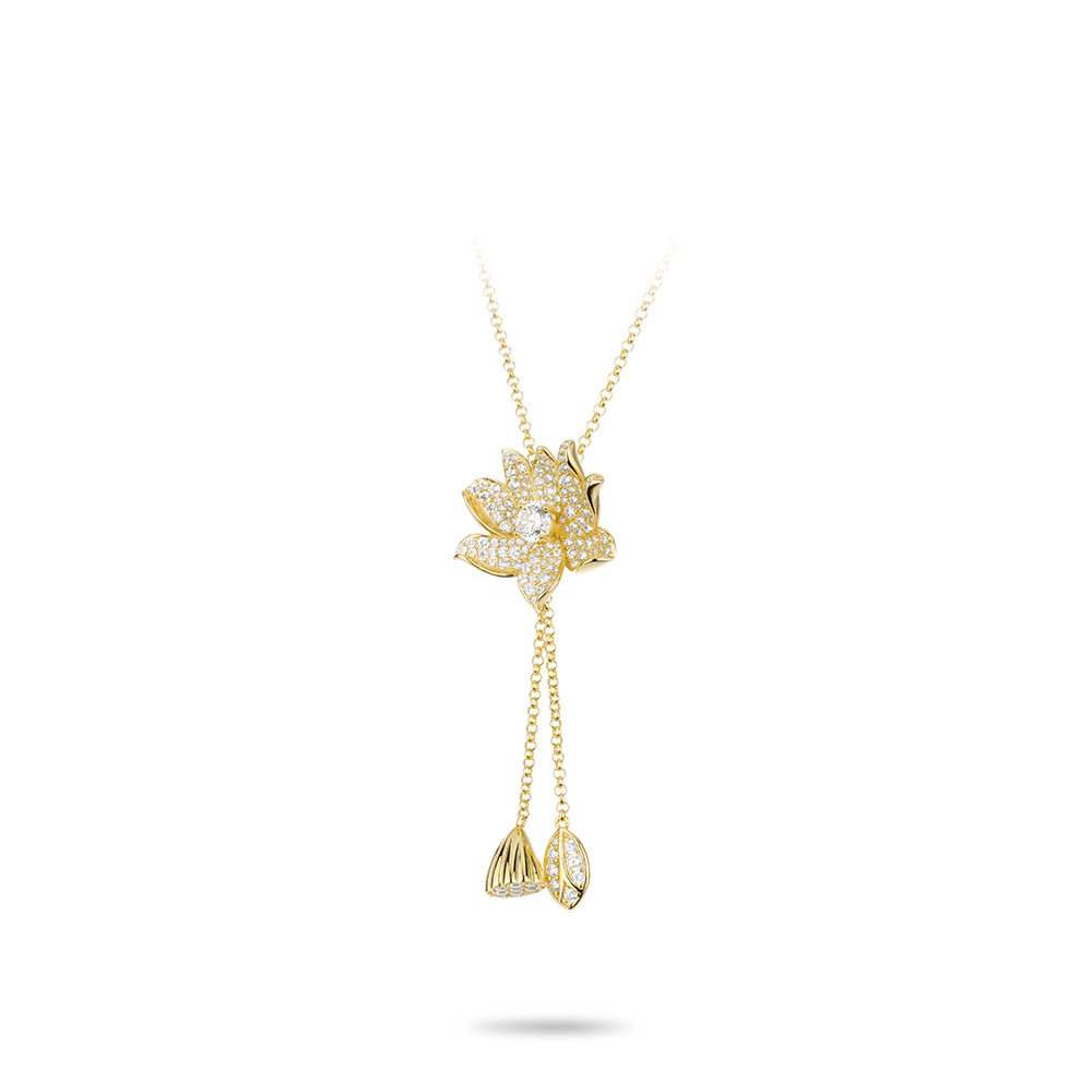 #2900 ゴールドフルダイヤ 蓮の花フリンジネックレス（925银）