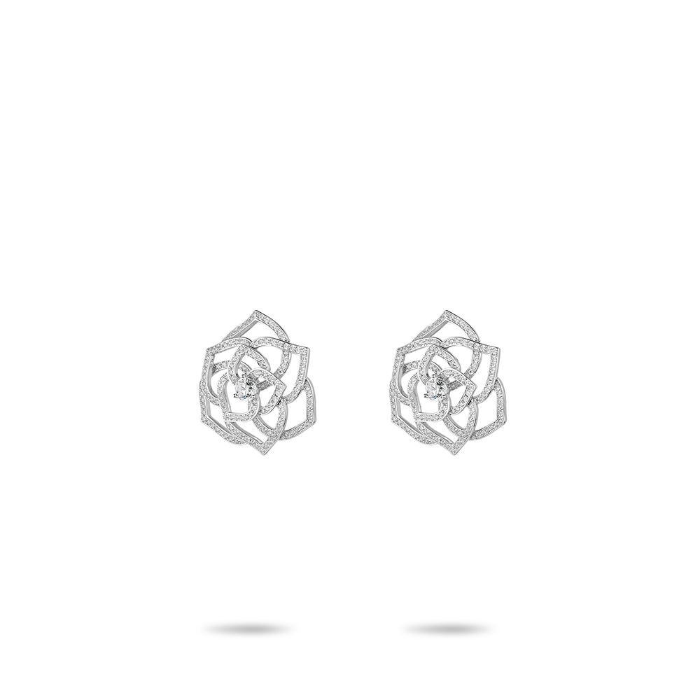#30225 白色満ちたダイヤの彫り抜きサザンカ豪华に嵌め込んだ万能イヤリング（925银）