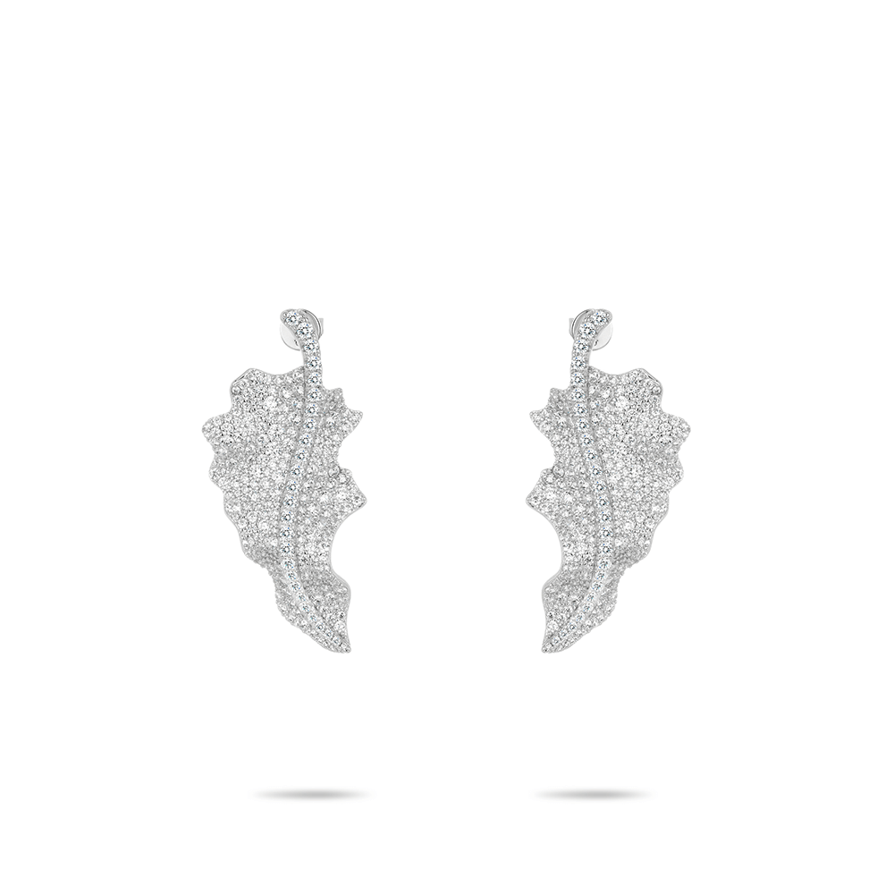 #30276-ホワイトフルダイヤモンドリーフ豪華セッティング万能イヤリング（925シルバー）