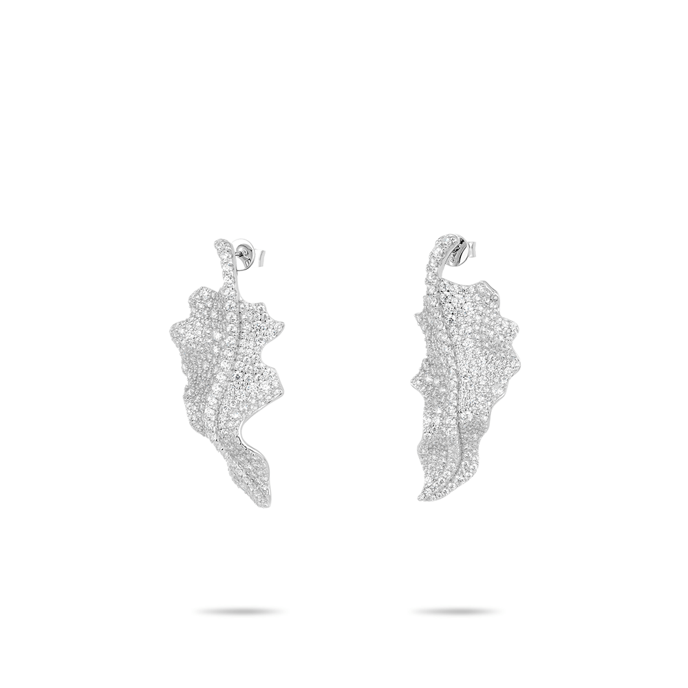 #30276-ホワイトフルダイヤモンドリーフ豪華セッティング万能イヤリング（925シルバー）
