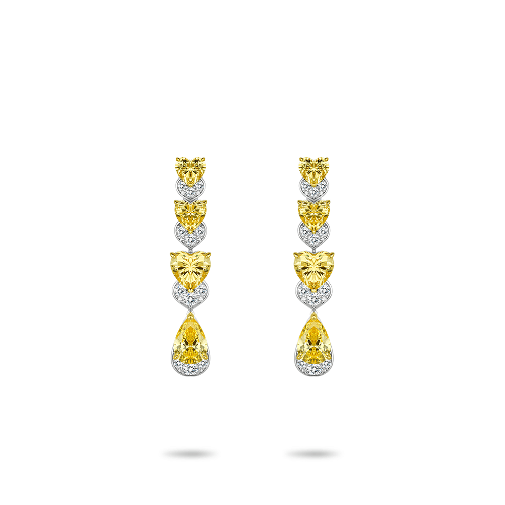 #30284-イエローウォータードロップ フルダイヤモンド ハートロング 豪華な石留め どんなスタイルにも合うイヤリング（925シルバー）