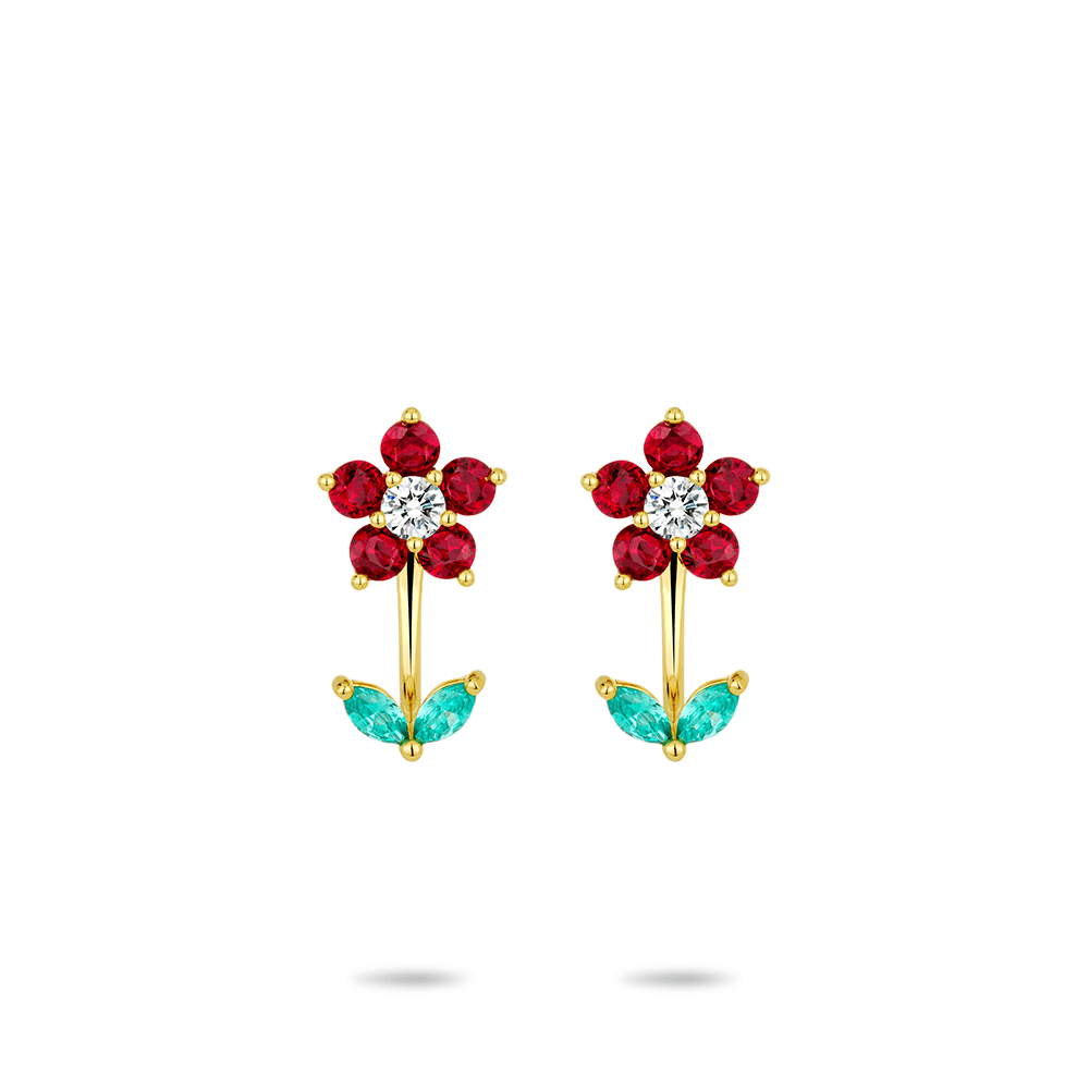 #30377- レッド&ホワイト フルダイヤ フラワー ゴージャスセッティング マルチスタイル イヤリング（925シルバー）