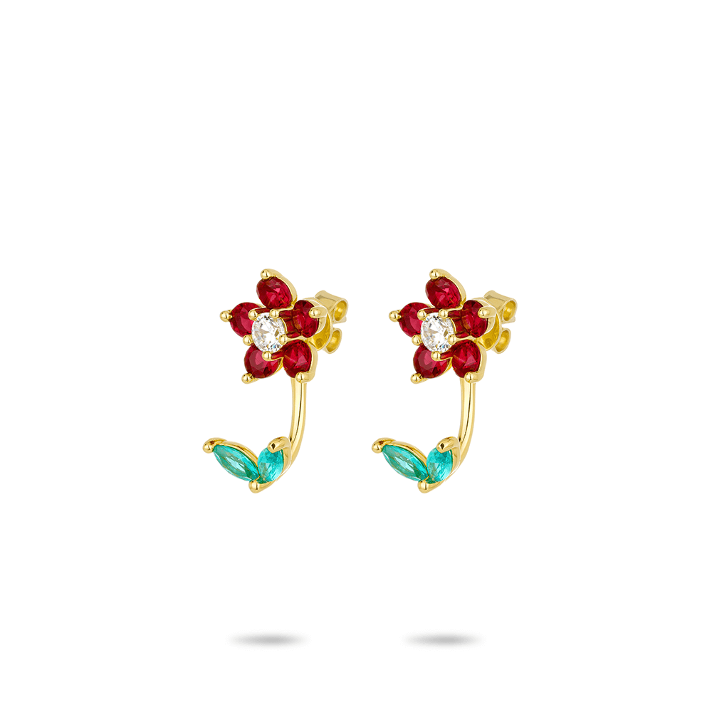 #30377- レッド&ホワイト フルダイヤ フラワー ゴージャスセッティング マルチスタイル イヤリング（925シルバー）