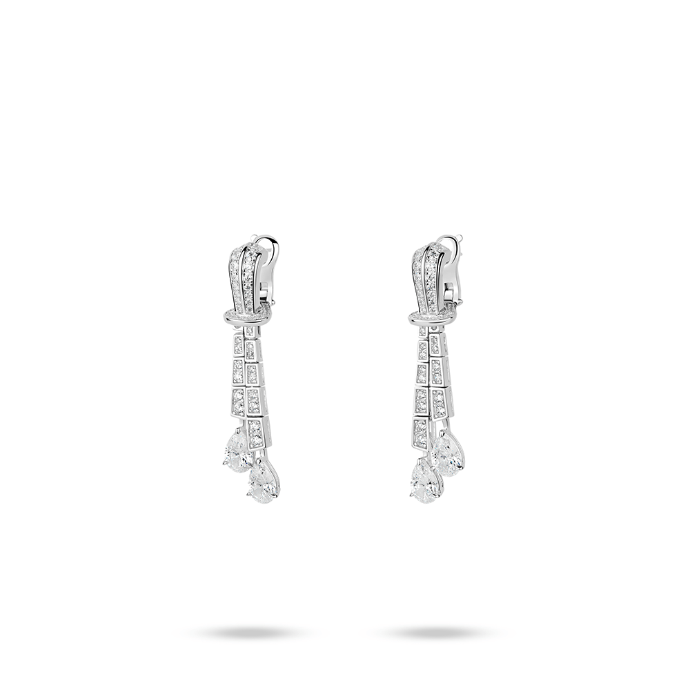 #30451-ダブルホワイト水滴型フルダイヤモンドロングフリンジ万能イヤリング（925シルバー）