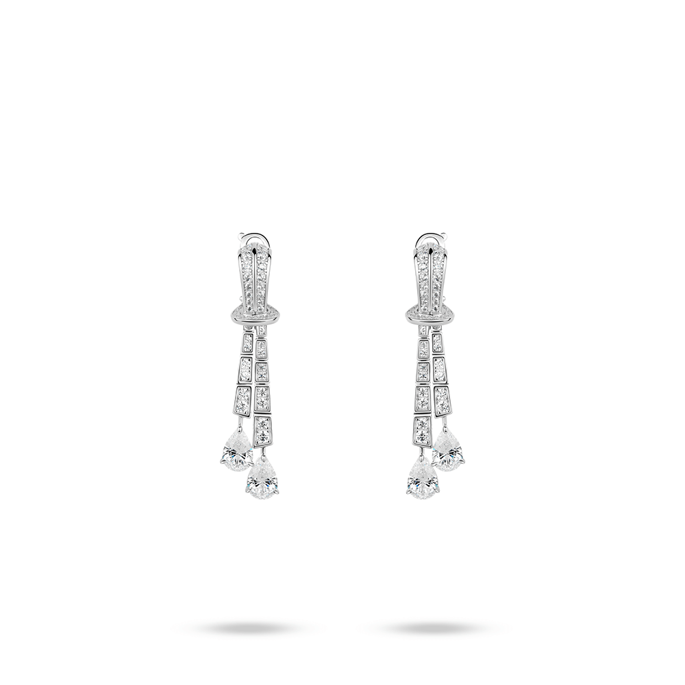 #30451-ダブルホワイト水滴型フルダイヤモンドロングフリンジ万能イヤリング（925シルバー）