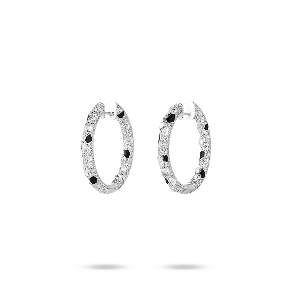 #30474-ブラック＆ホワイト フルダイヤモンド パンサー柄 豪華セッティング 汎用イヤリング(925シルバー)