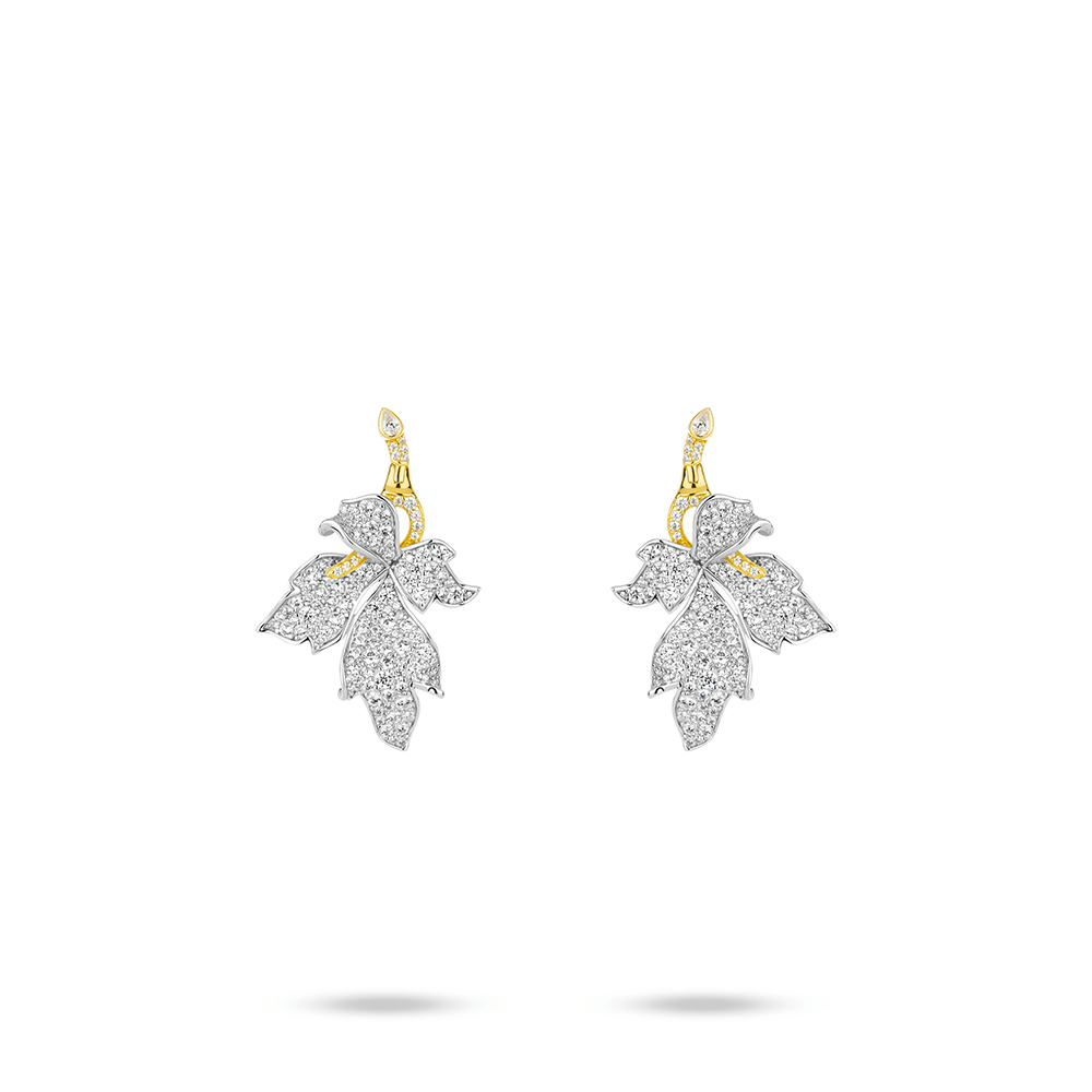 #3573-ホワイトフルダイヤモンド メープルリーフペタル 豪華セッティング マルチユースイヤリング（925シルバー）