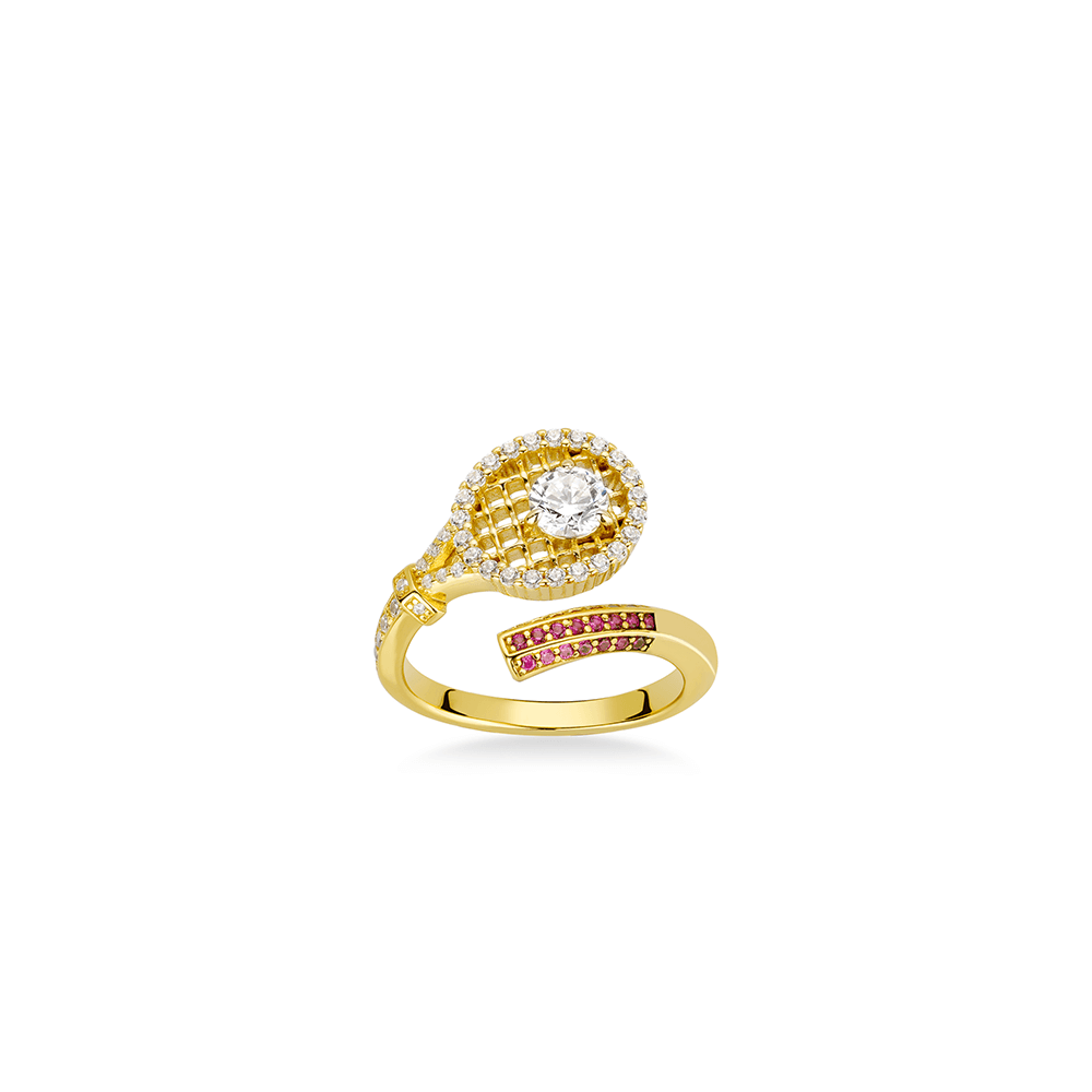 #10090 金色満钻テニスラケット彫り抜き汎用リング(925銀)