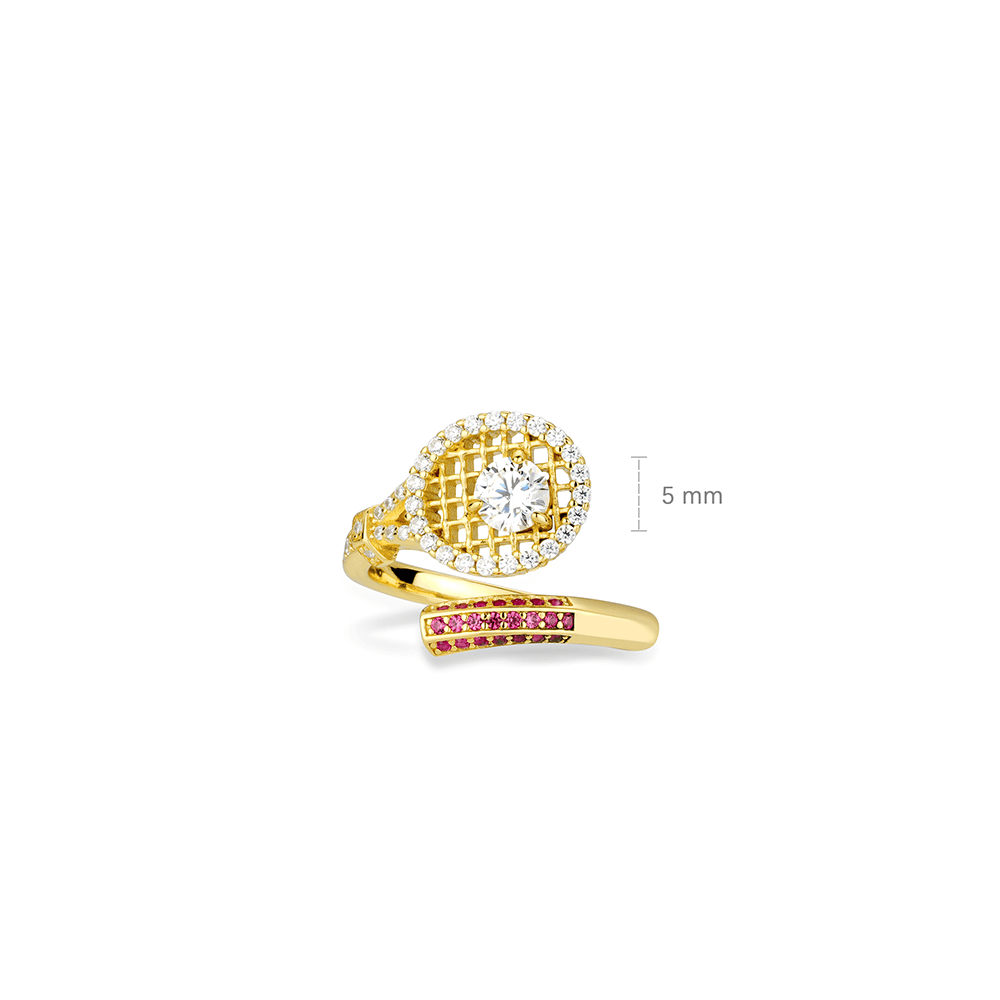 #10090 金色満钻テニスラケット彫り抜き汎用リング(925銀)