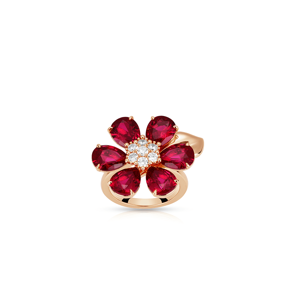 10752- ハワイアンフラワー レッドドロップ＆フルダイヤ ペタル リング（925シルバー）