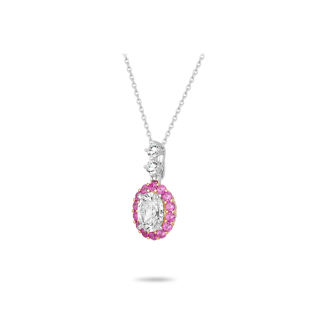 #21314-ピンクのアクセントと全面ダイヤモンドが輝くホワイト・ポンジエッグ 豪華セッティング 925シルバーネックレス
