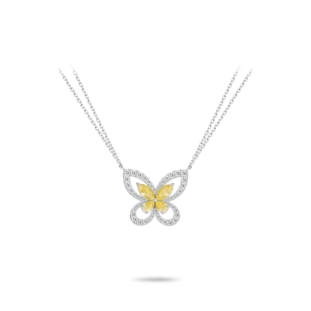 #21341 - イエロードロップ満ちたダイヤの彫り抜き蝶デザイン豪华モザイク調和的ネックレス (925 銀)