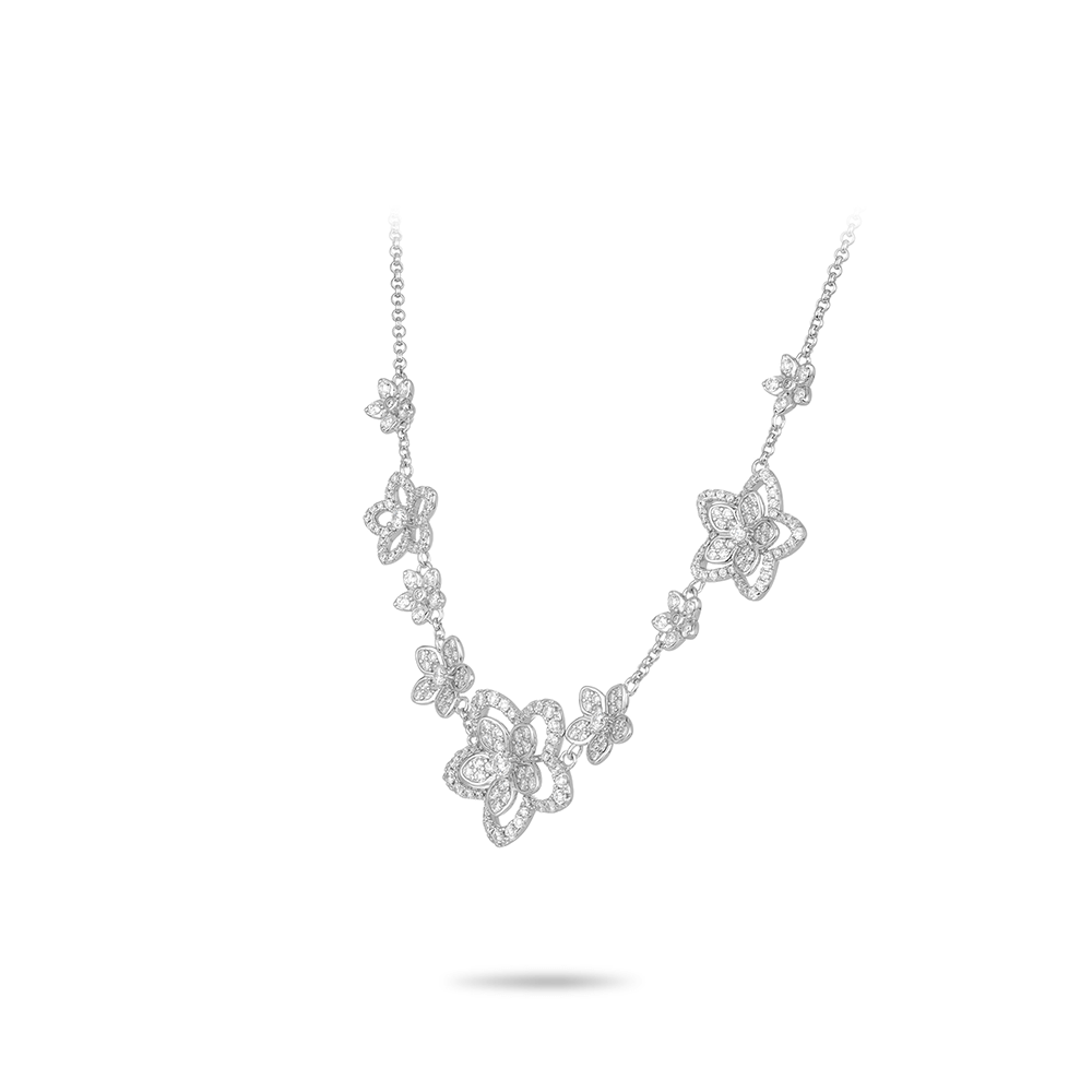 #21432-ホワイトフルダイヤモンド透かし彫り五弁花豪華セッティング万能ネックレス（925シルバー）