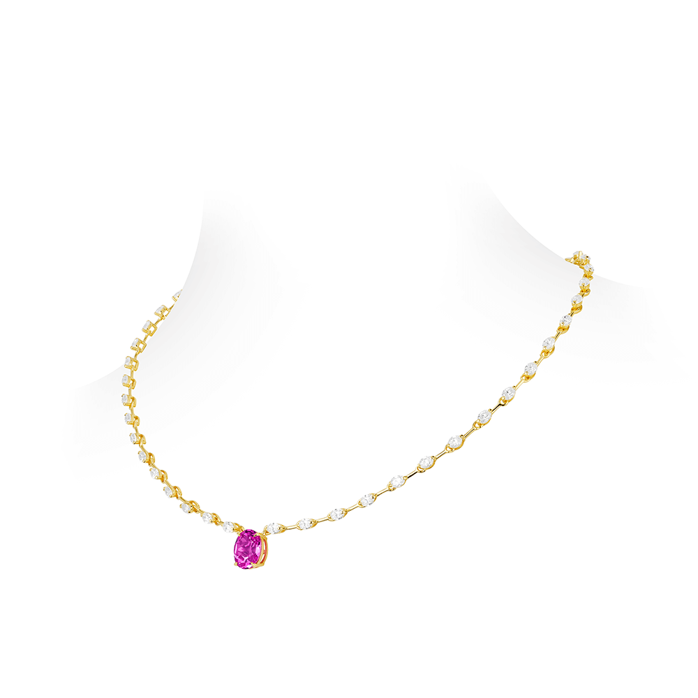 #21437-ローズピンクの鳩の卵型ダイヤモンドが連なる豪華な重ね付けネックレス（925シルバー）