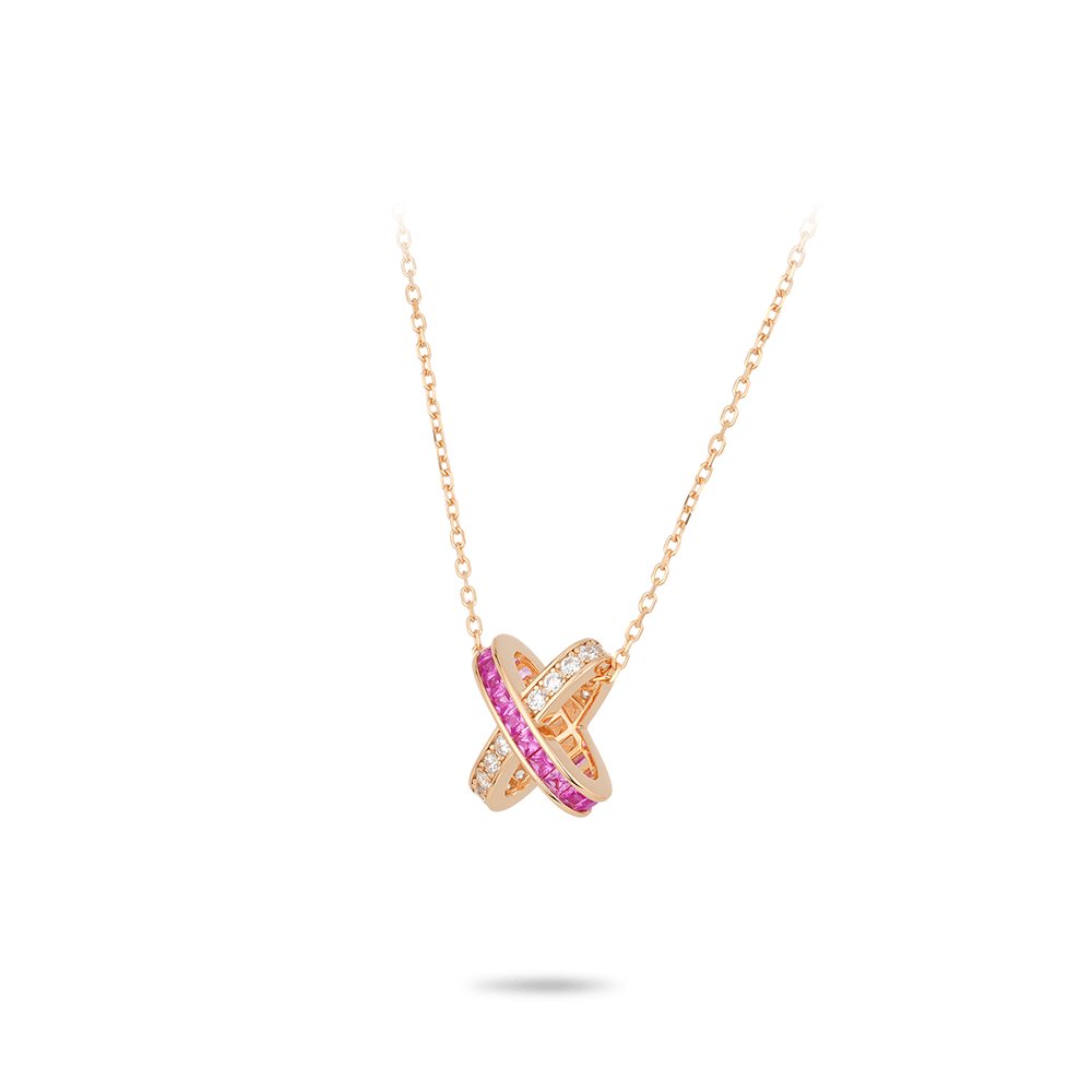 #21524-ピンクホワイトフルダイヤモンドX字万能ネックレス（925シルバー）