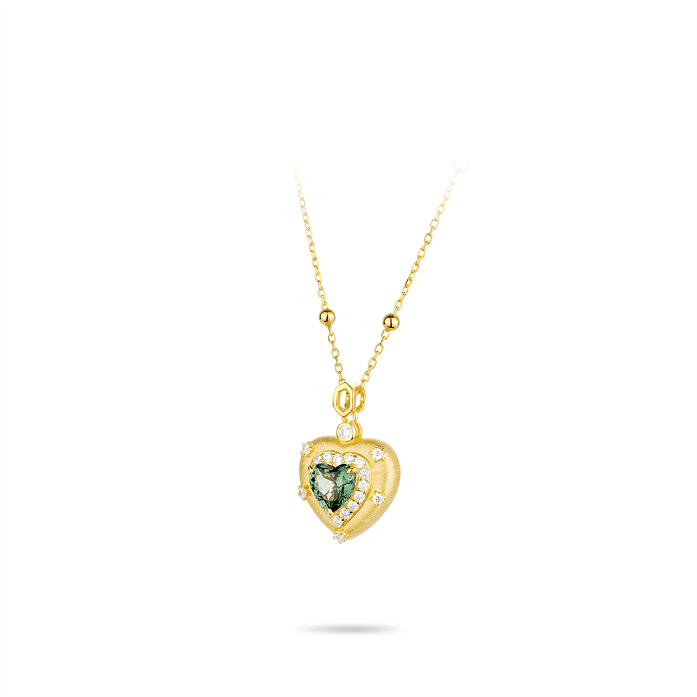 #2947 金色ラスフルダイヤの緑のハート型が豪華にハイセットされたユニバーサルネックレス（925銀）