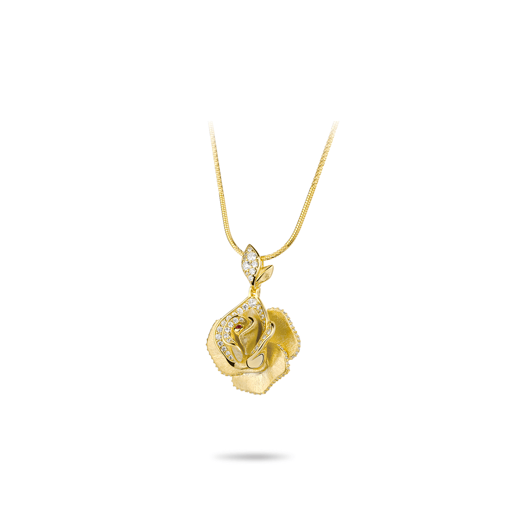 #2952 金色ラスト加工の花びら満ちたダイヤモンドを豪華に嵌め込んだ万能ネックレス（925銀）