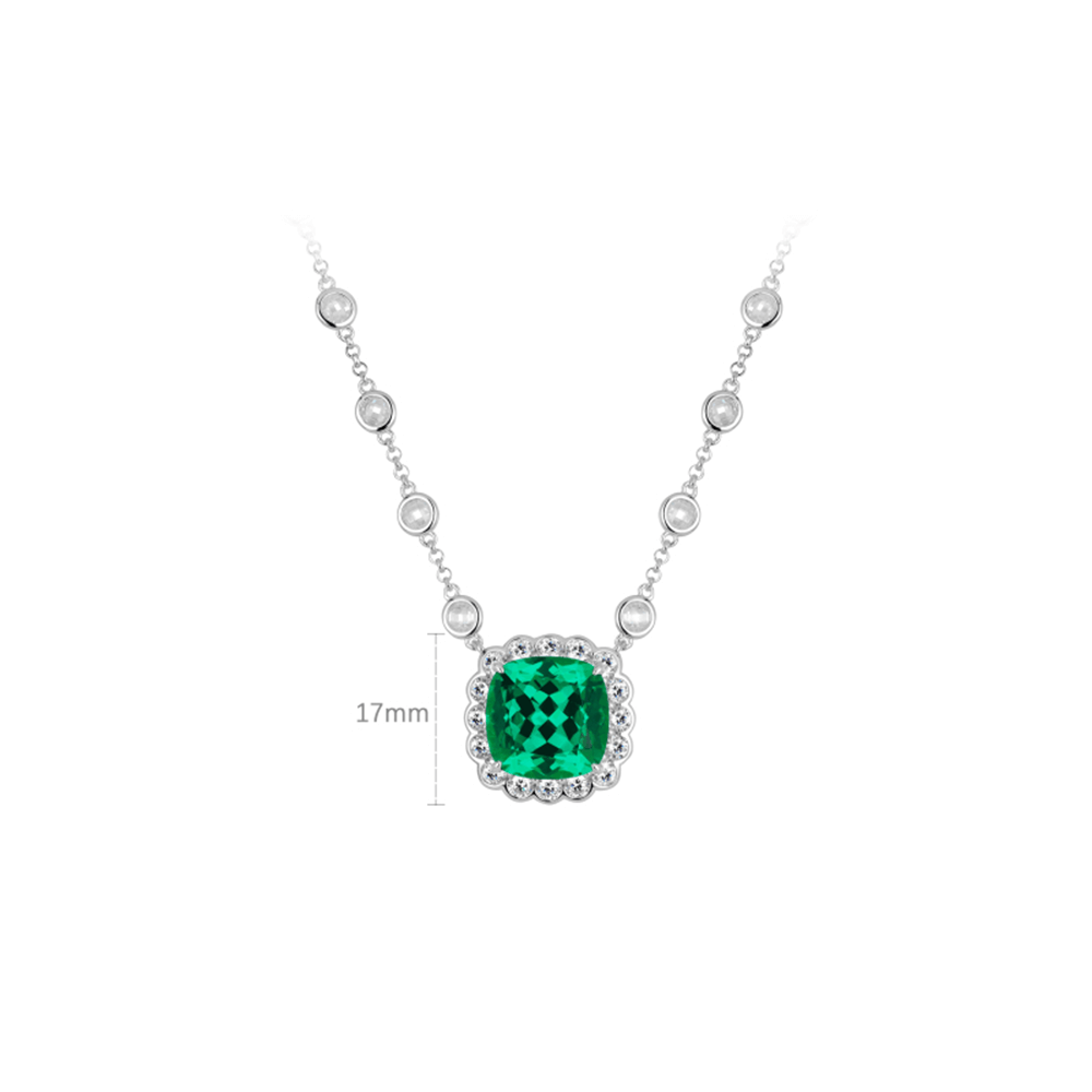 #21155-（人工ダイヤモンド）グリーンスクエア4本爪フルダイヤモンド花びら万能ネックレス（925シルバー）