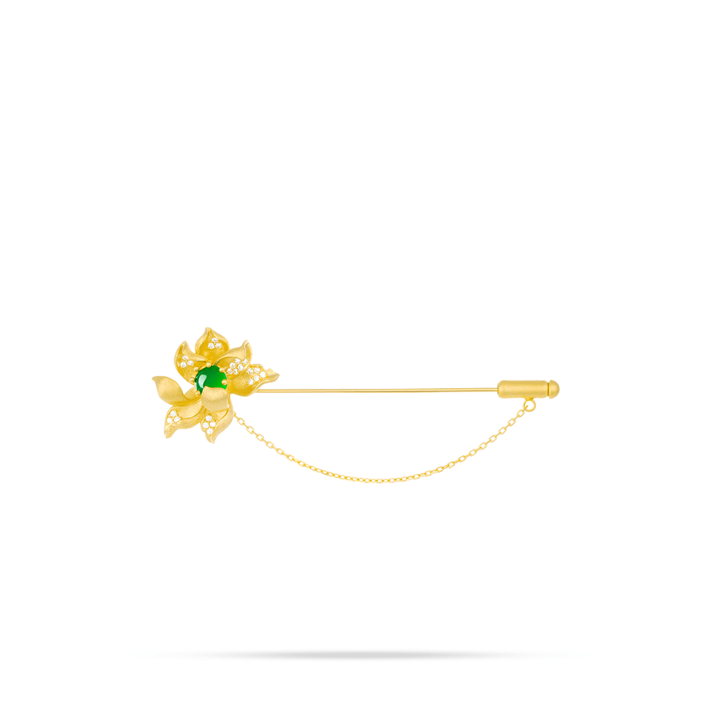 #5074 金色ラスト加工グリーンドット蓮の花豪华镶嵌百搭ブローチ（925銀）