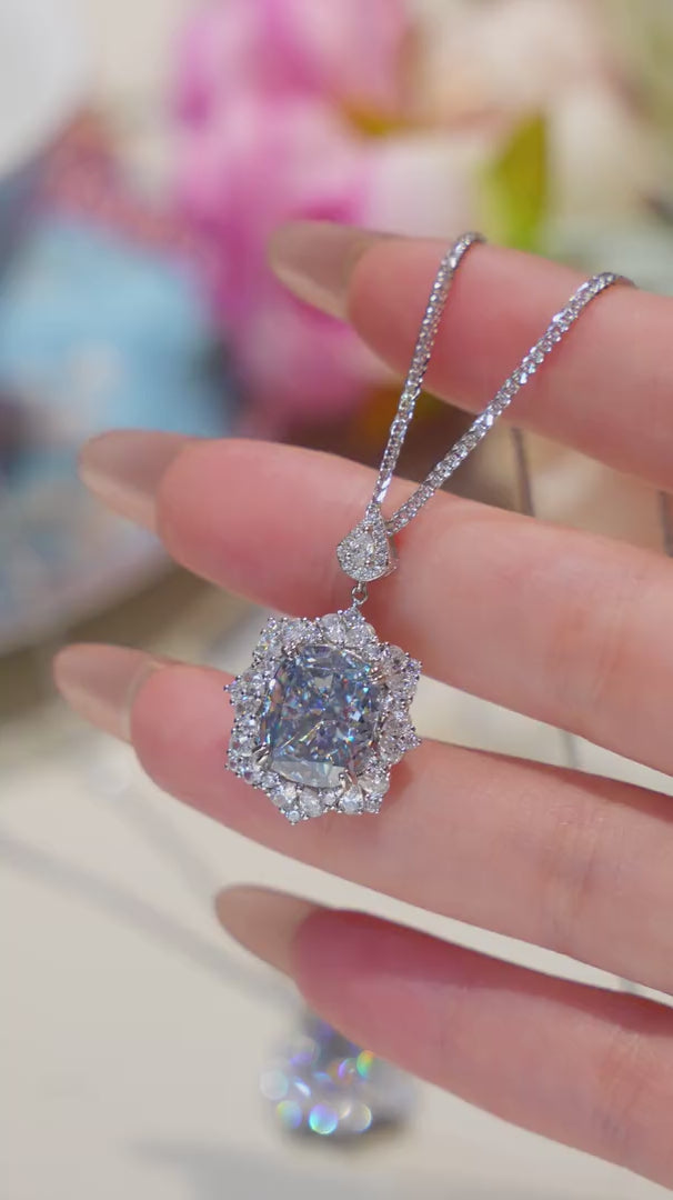 #2105 満钻ホーリースカイ星河 ブルースクエア & ドロップ ネックレス（925银）
